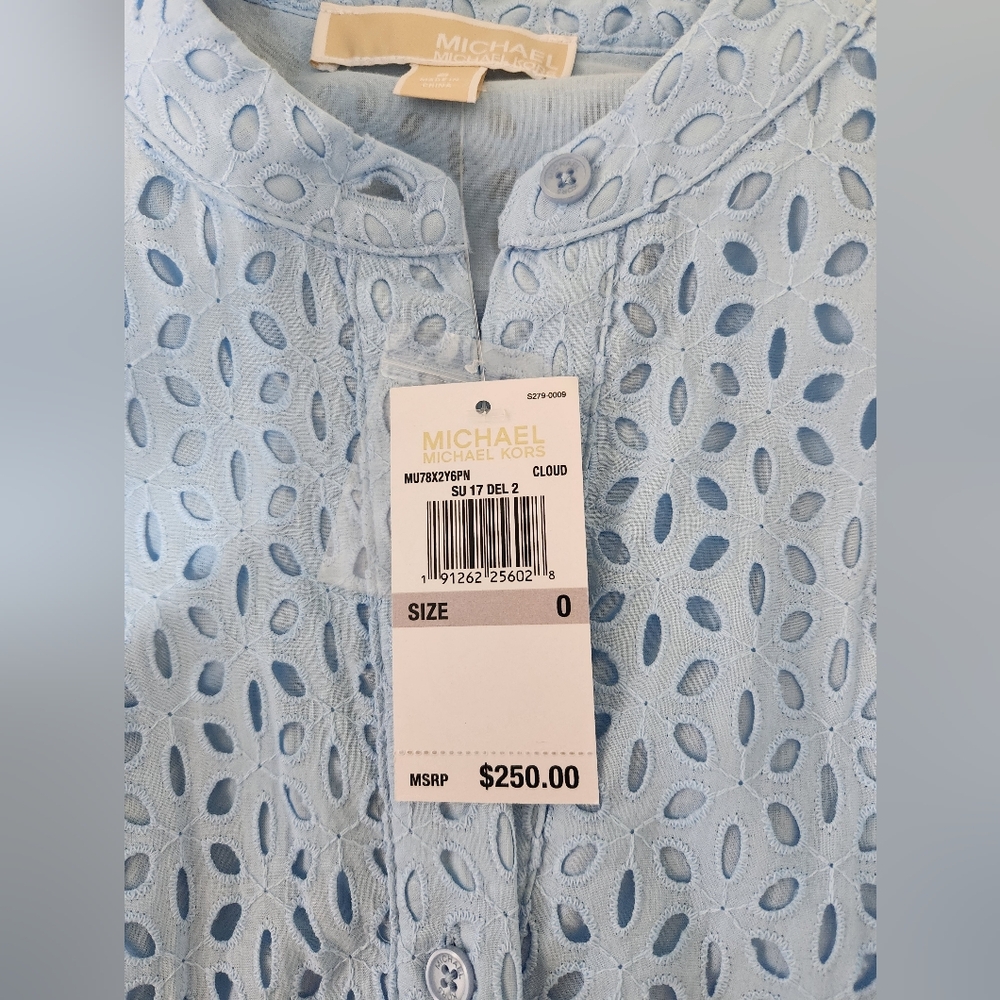 Michael Kors Light Blue Eyelet Long Sleeve Button Dress - Picture 8 of 12